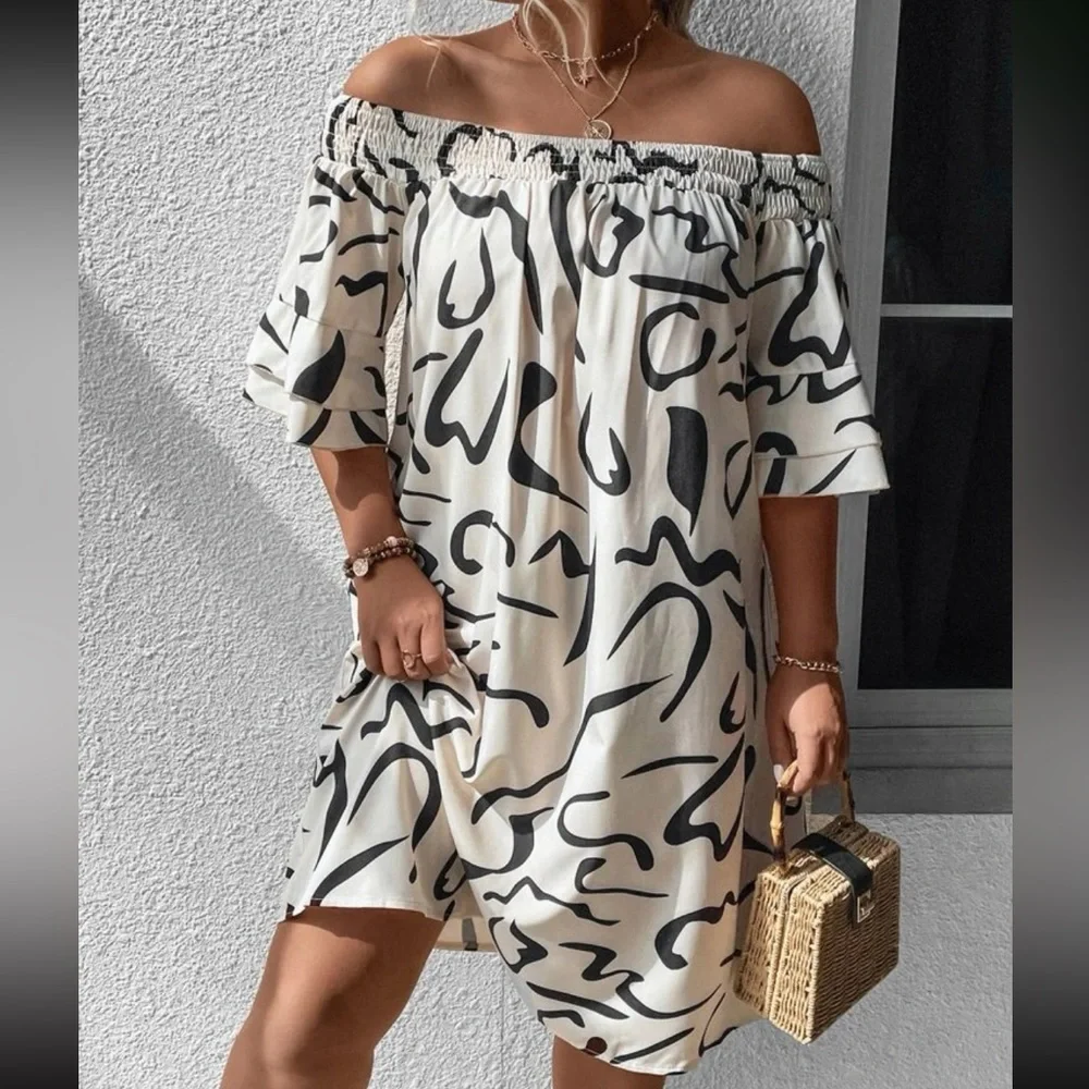 Boho plus size off shoulder flounce sleeve dress - Picture 5 of 12